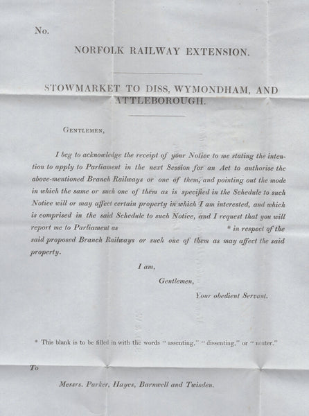 136348 CIRCA 1845 PRINTED WRAPPER 'NORFOLK RAILWAY EXTENSION' TO LONDON WITH UNUSED 1D PL.62 (SG8)(PI).