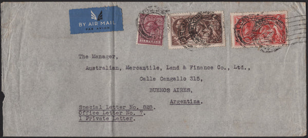 136446 1937 AIR MAIL LONDON TO ARGENTINA WITH 2/6 AND 5S SEAHORSE.