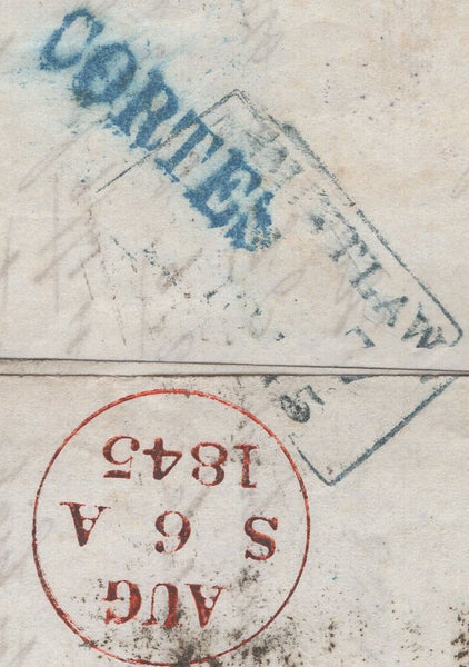 136452 1845 MAIL GLASGOW TO CORTES, ABERDEENSHIRE WITH 'CORTES' HAND STAMP IN BLUE.