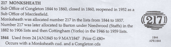 136464 1848 1D PL.85 (SG8)(GF) '217' NUMERAL OF MONKSHEATH, CHESHIRE.