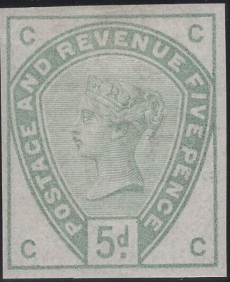 136467 1884 5D DULL GREEN ERROR IMPERFORATE SINGLE LETTERED CC (SG193a).