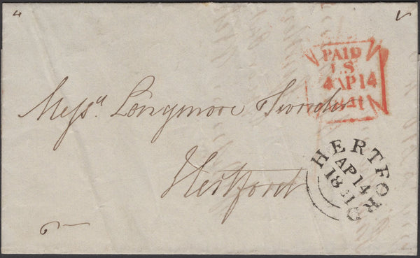 136566 1841 MAIL LONDON TO HERTFORD WITH 'HERTFORD' DATE STAMP.