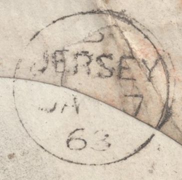 136590 1863 1D PINK ENVELOPE REGISTERED MAIL LONDON TO JERSEY WITH 4D PALE RED (SG80).