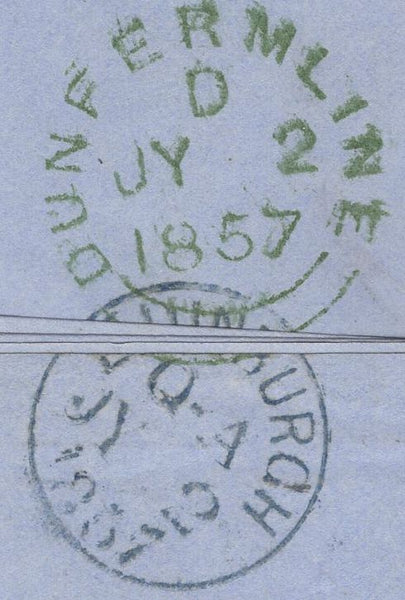 136599 1857 MAIL EDINBURGH TO DUNFERMLINE WTH DIE 2 1D SAVOY STREET PRINTING WITH 'BONNINGTON' TYPE VII SCOTS LOCAL CANCELLATION.
