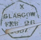 136606 1857 MAIL COWCADDENS, GLASGOW TO EDINBURGH WITH 'COWCADDENS' SCOTS LOCAL CANCELLATION TYPE VIII IN BLACK.