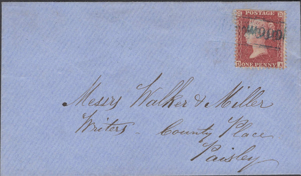 136612 1858 MAIL LINWOOD (CO. RENFREW) TO PAISLEY WITH 'LINWOOD' SCOTS LOCAL CANCELLATION TYPE VIII IN GREEN.