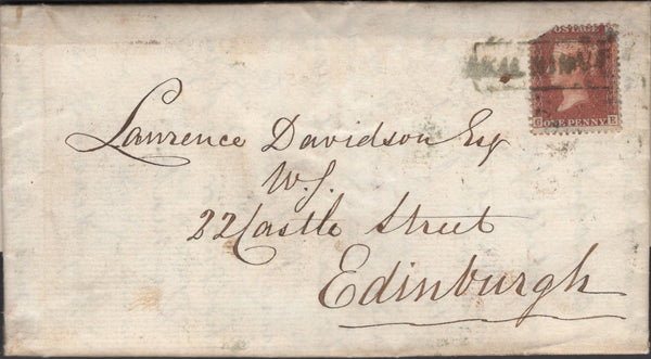 136613 1857 MAIL KILNINVER (CO. ARGYLL) TO EDINBURGH WITH 'KILNINVER' SCOTS LOCAL CANCELLATION TYPE VIII IN BLUE.