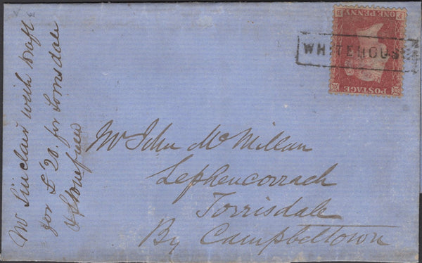 136619 1859 LARGE PART WRAPPER WHITEHOUSE (CO. ARGYLL) TO CAMPBELTOWN WITH 'WHITEHOUSE' SCOTS LOCAL CANCELLATION TYPE VIII.
