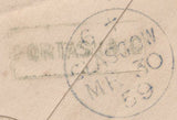 136677 1859 MAIL GREENOCK TO GLASGOW WITH 'GREENOCK/163' EXPERIMENTAL DUPLEX TYPE 2 AND 'PORTASKAIG' TYPE D1 SCOTS LOCAL BACK STAMP.