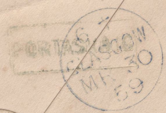 136677 1859 MAIL GREENOCK TO GLASGOW WITH 'GREENOCK/163' EXPERIMENTAL DUPLEX TYPE 2 AND 'PORTASKAIG' TYPE D1 SCOTS LOCAL BACK STAMP.