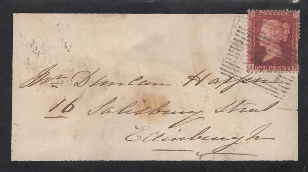 136696 1860 MOURNING ENVELOPE TORPHINS (CO. ABERDEEN) TO EDINBURGH WITH 'TORPHINS' SCOTS LOCAL CANCELLATION TYPE VIII IN GREEN WITH ADDITIONAL STRIKE ON REVERSE.