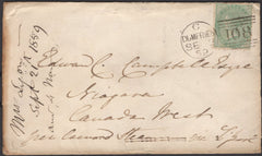 136698 1859 MAIL DUMFRIES TO NIAGARA, CANADA WEST WITH 1S GREEN (SG72) AND 'PARKGATE' TYPE C1 SCOTS LOCAL BACK STAMP.
