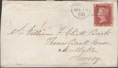136708 1858 MAIL BONCHESTER BRIDGE (ROXBURGH) TO MORTLAKE WITH 'BONCHESTER BRIDGE' TYPE C6 SCOTS LOCAL BACK STAMP.