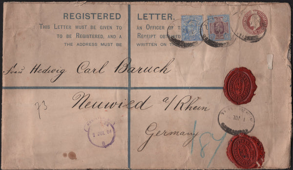 136789 1904 LARGE REGISTERED ENVELOPE LONDON TO GERMANY WITH 2½D AND 9D.