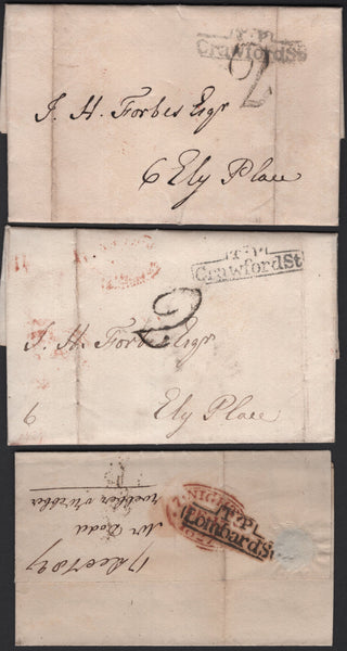 136823 1797-1849 COLLECTION 'LONDON TWO PENNY POST' HAND STAMPS AND USAGES (97 ITEMS).