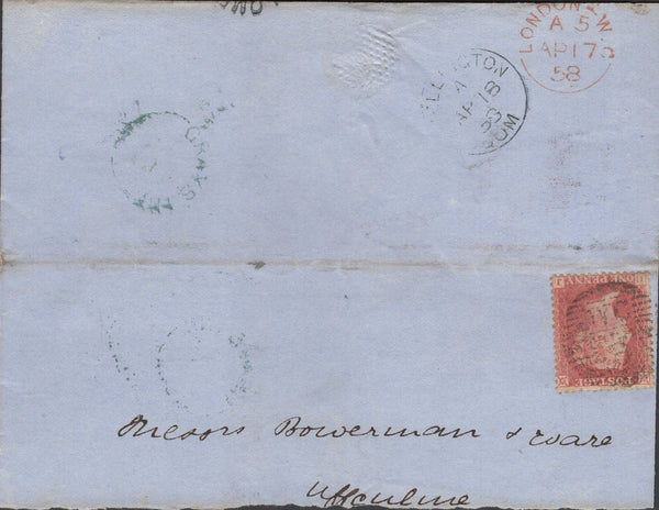 136848 1841 LETTER AND 1858 LARGE PIECE WITH TWO DIFFERENT 'GRAYS INN' RECEIVERS HAND STAMPS.