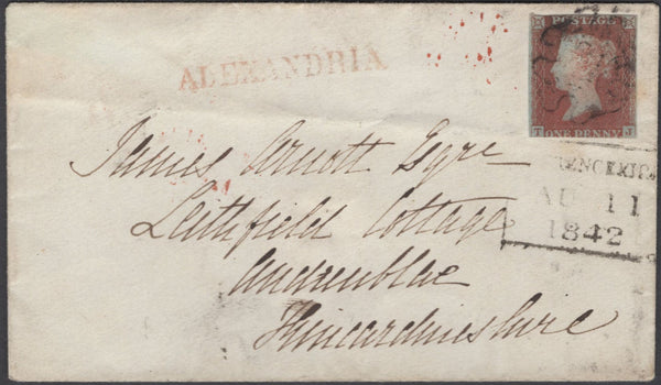 136861 1842 MAIL ALEXANDRIA, DUMBARTONSHIRE TO AUCHENBLUE WITH 1D (SG8) CANCELLED WITH THE RARE NORMAL 'ALEXANDRIA' MALTESE CROSS AND 'ALEXANDRIA' STRAIGHT LINE HAND STAMP.