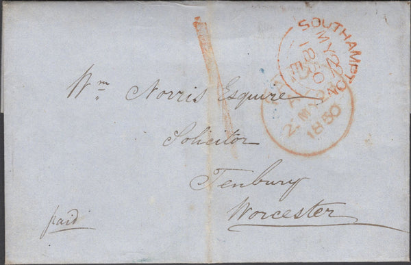 136891 1850 MAIL SOUTHAMPTON TO TENBURY, WORCS WITH UNIFORM PENNY POST '1' HAND STAMP OF SOUTHAMPTON (HA1340).