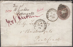 136907 1874 1D PINK ENVELOPE PLYMOUTH TO PONTEFRACT WITH MANUSCRIPT 'NOT KNOWN'.