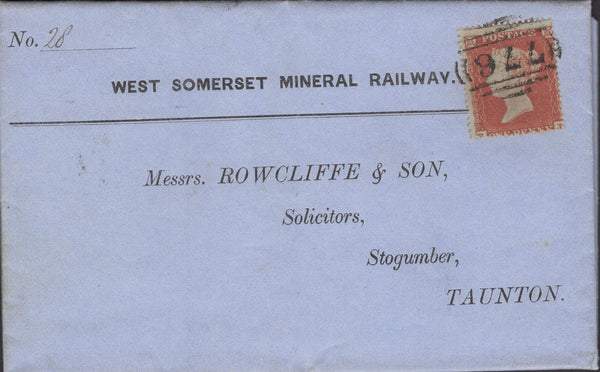 136952 1854 'WEST SOMERSET MINERAL RAILWAY' MAIL WASHFORD TO TAUNTON WITH 'WASHFORD' UDC.