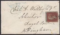 136965 1855 MOURNING ENVELOPE UPPINGHAM, RUTLAND TO NOTTINGHAM WITH DIE 1 1D (SG17) CANCELLED '825' OF UPPINGHAM.
