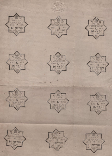 137100 1890 PENNY POSTAGE JUBILEE, 'TREASURY' EMBOSSED SHEET, 198 X 305, WITH TWELVE PROOF IMPRESSIONS GUILDHALL EXHIBITION HAND STAMP DIE '12' 16 MY 90.