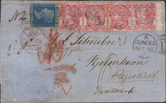 137316 1862 REGISTERED MAIL DUNDEE TO DENMARK WITH 3D (SG76) X 4 ALSO 2D (SG45) BUT SEVERAL STAMPS MISSING.
