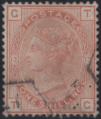 137408 1880 1S ORANGE-BROWN PL.13 WMK SPRAY (SG151) VERY FINE USED.