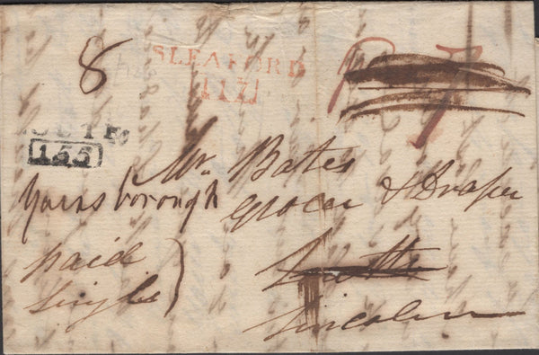 137436 1811 MAIL SLEAFORD TO LOUTH, RE-DIRECTED TO GAINSBOROUGH WITH 'SLEAFORD/117' MILEAGE MARK (LI850) AND 'LOUTH/155' MILEAGE MARK (LI694).