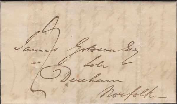 137449 1835 MAIL SLEAFORD TO DEREHAM, NORFOLK WITH TWO STRIKES 'SLEAFORD' CIRCULAR HAND STAMP WITH MILEAGE ERASED (LI858).