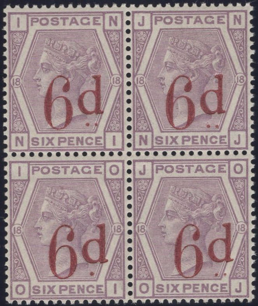 137556 1883 6D LILAC SURCHARGE '6d' IN CARMINE (SG162) FINE UNMOUNTED O.G. BLOCK OF FOUR WITH 'OI' RARE VARIETY 'LEFT DOT ONLY' (SPEC K88g).