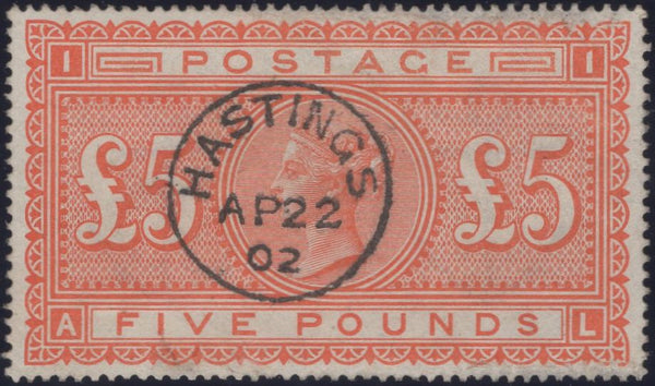 137557 1883 £5 ORANGE ON WHITE PAPER (SG137) WITH 'HASTINGS' CDS.