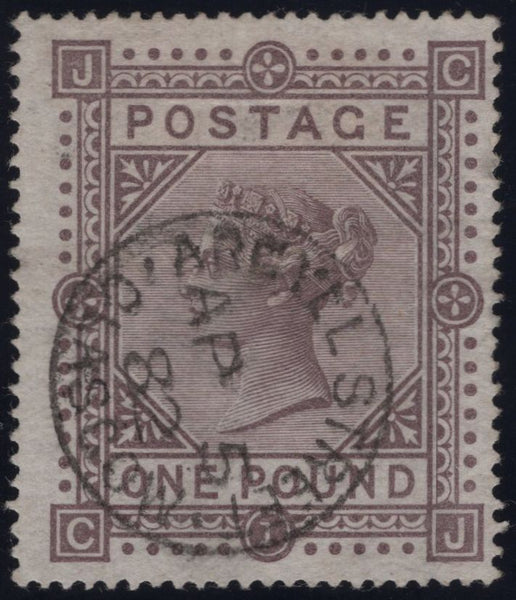 137623 1878 £1 BROWN-LILAC WMK MALTESE CROSS (SG129) VERY FINE USED.