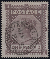 137623 1878 £1 BROWN-LILAC WMK MALTESE CROSS (SG129) VERY FINE USED.