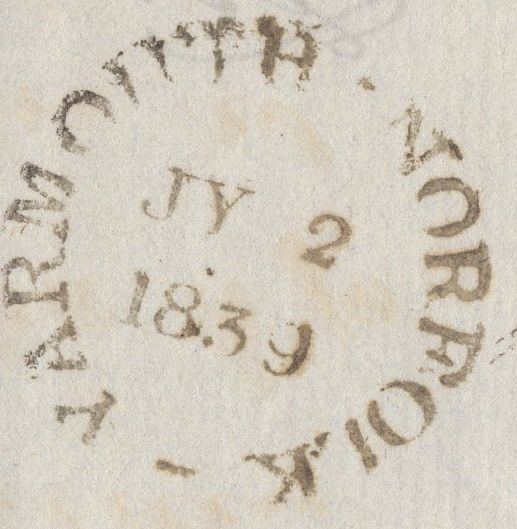 137692 1839 MAIL GREAT YARMOUTH TO NORWICH WITH GREAT YARMOUTH 'Too Late' ITALIC STYLE HAND STAMP (NK519).