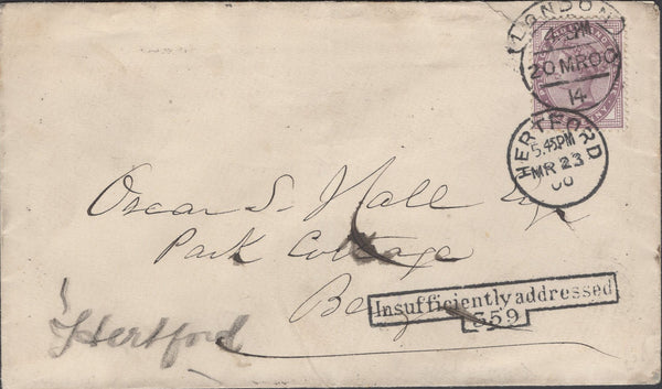 137763 1900 UNDELIVERED MAIL LONDON TO BENGEO, HERTS WITH 'Insufficiently addressed/359' INSTRUCTIONAL.
