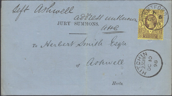 137811 1898 UNDELIVERED 'JURY SUMMONS' MAIL HERTFORD TO ASHWELL WITH 3D RATE.