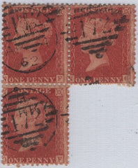 138061 1857 DIE 2 1D PL.34 WMK INVERTED (SG40Wi) USED BLOCK OF THREE.