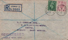 138063 1950 REGISTERED FRAGILE MAIL IPSWICH TO KENYA WITH KGVI ½D AND 6D.