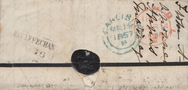 138172  1857 LARGE PART WRAPPER SOUTHAMPTON TO 'ECCLEFECHAN, CARLISLE' WITH MANUSCRIPT 'Missent to' WITH 'CARLISLE' DATE STAMP.