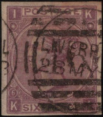 138248 1867 6D LILAC PL.6 ERROR IMPERFORATE (SG104a) USED.