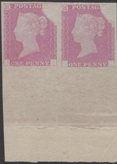 138256 1840 RAINBOW TRIAL VERY FINE LOWER MARGINAL PAIR IN PINK ON WHITE WOVE PAPER.