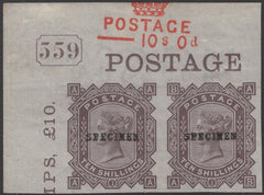 138259 1878 10S GREY-GREEN (SG128) STUNNING UPPER LEFT CORNER IMPERFORATE PAIR COLOUR TRIAL OVERPRINTED 'SPECIMEN' TYPE 9 WITH '559' CURRENT NUMBER AND 'CROWN/POSTAGE/--- 10s 0d' REGISTRATION MARK IN RED.