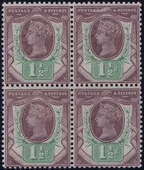 138265 1887 1½D DULL PURPLE AND PALE GREEN (SG198) UNMOUNTED O.G. BLOCK OF FOUR.