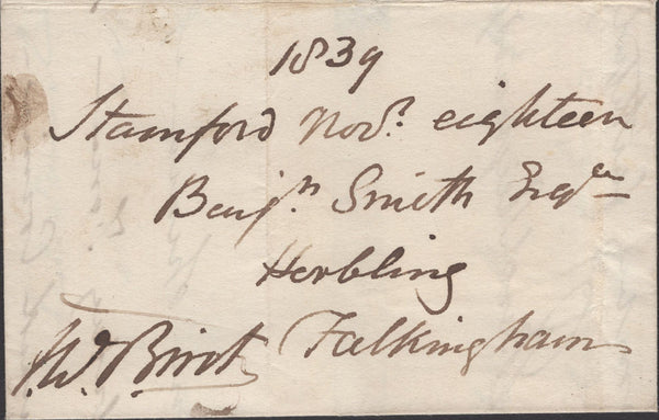 138306 1839 MAIL STAMFORD TO HORBLING WITH 'STAMFORD' DATE STAMP WITH YEAR DATE SLUG MISSING.