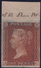 138341 1855 DIE 2 1D PL.12 IMPERFORATE TOP MARGINAL IMPRIMATUR LETTERED AC.