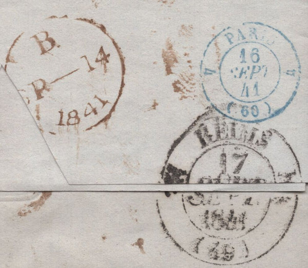 138400 1841 UNPAID MAIL LONDON TO RHEIMS WITH FINE STRIKE BLACK MALTESE CROSS WHERE STAMP SHOULD HAVE BEEN.