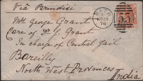 138640 1878 MAIL BATH TO INDIA WITH 8D ORANGE (SG156), GOOD TO FINE USED.
