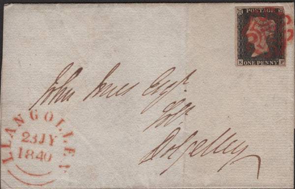 138772 1840 LETTER LLANGOLLEN, DENBIGHSHIRE TO DOLGELLY WITH 1D BLACK PL.2 (SG2)(KF).