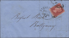138900 1856 MAIL STRABANE, CO. TYRONE TO BALLYMONEY WITH DIE 2 1D PL.29 RED-BROWN ON WHITE PAPER (SG37/SPEC C8A) 'STRABANE' ENGLISH TYPE IRISH SPOON (RA52).